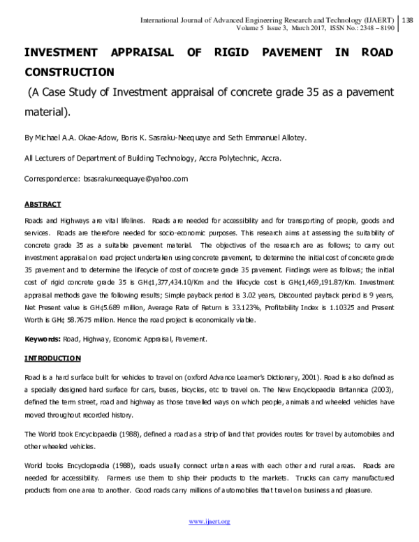 Image showcasing (PDF) INVESTMENT APPRAISAL OF RIGID PAVEMENT IN ROAD CONSTRUCTION (A ...