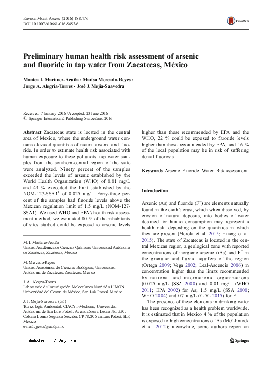 (PDF) Preliminary human health risk assessment of arsenic and fluoride ...