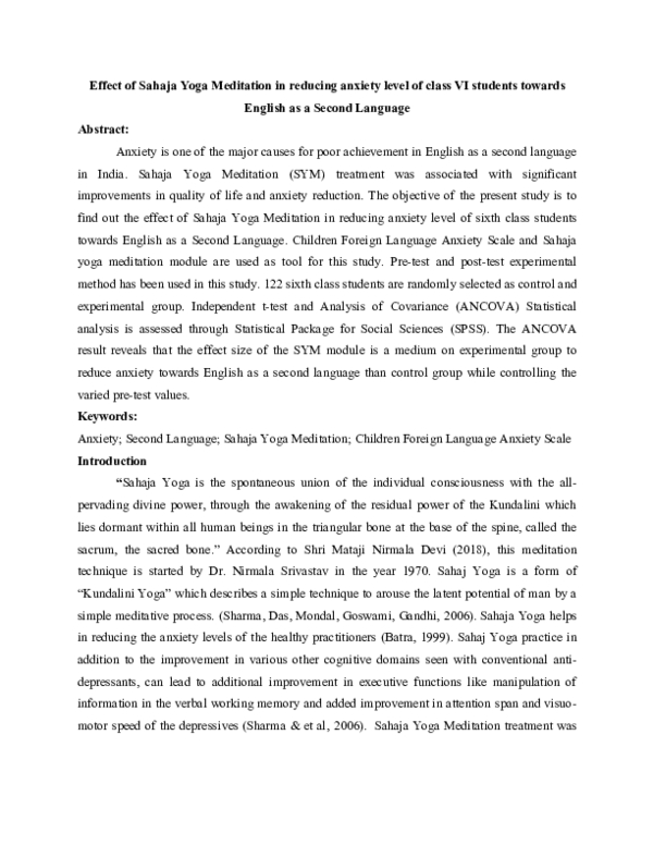 (PDF) Effect of Sahaja Yoga Meditation in reducing anxiety level of ...