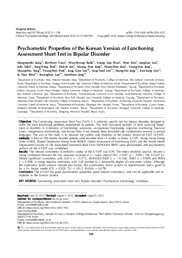 (PDF) Psychometric Properties of the Korean Version of Functioning ...