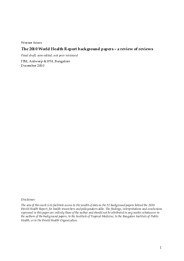 (PDF) The 2010 World Health Report Background Papers - A Review of Reviews