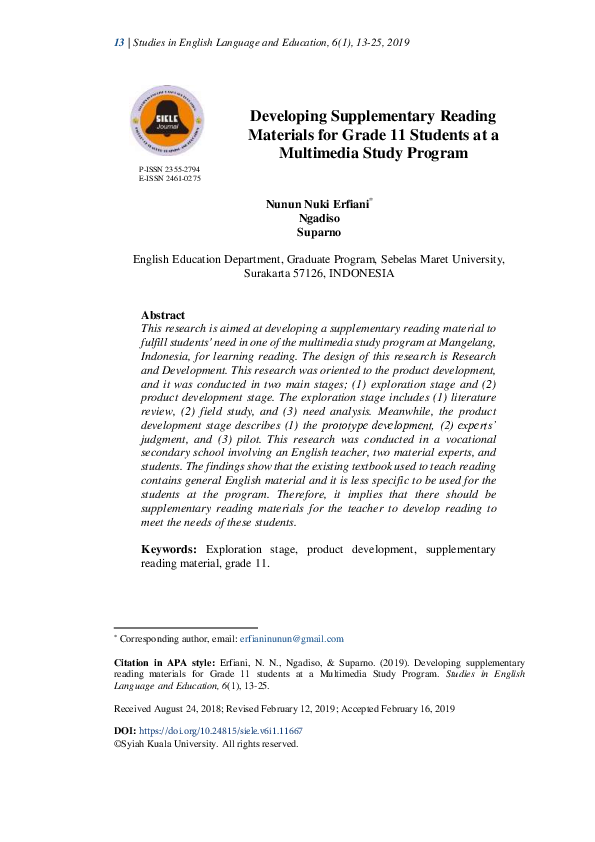 (PDF) Developing supplementary reading materials for grade 11 students