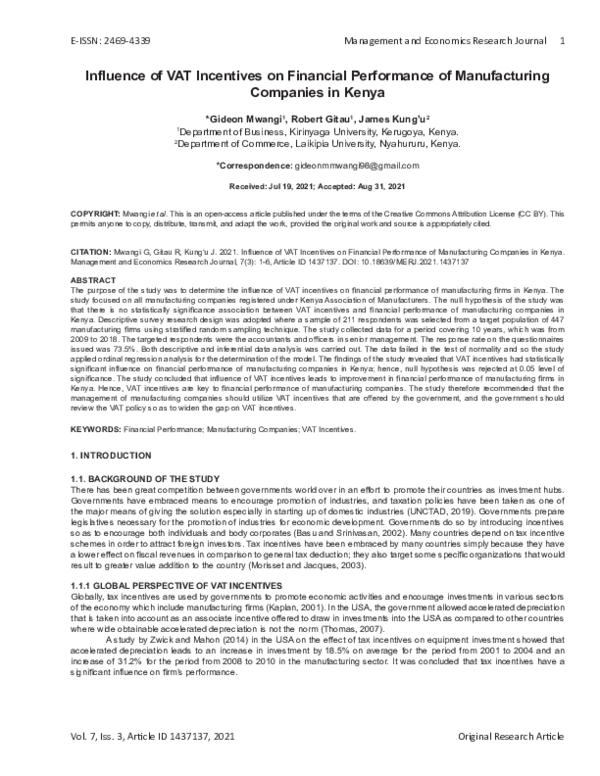 (PDF) Influence of VAT Incentives on Financial Performance of ...