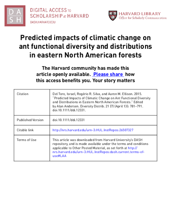 (PDF) Predicted impacts of climatic change on ant functional diversity ...