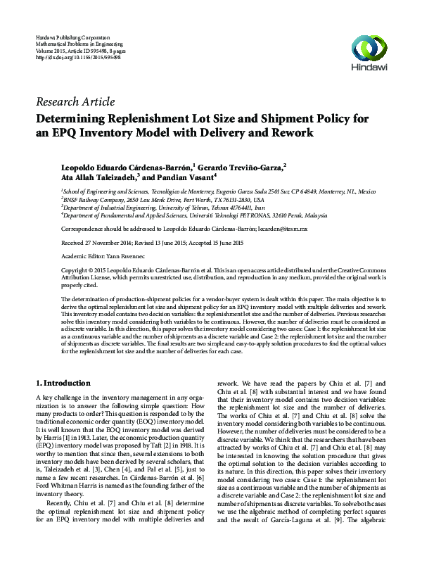 (PDF) Determining Replenishment Lot Size and Shipment Policy for an EPQ
