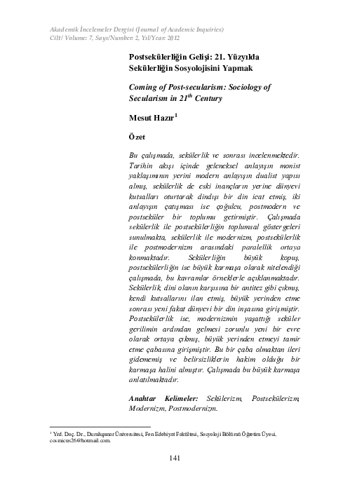 Pdf Coming Of Post Secularism Sociology Of Secularism In 21th