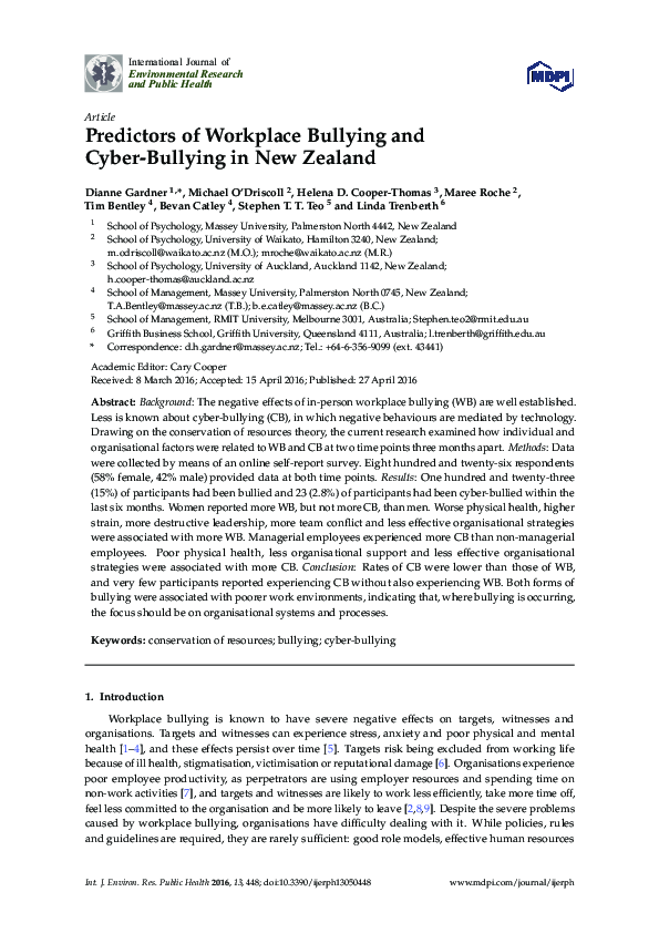 (PDF) Predictors of Workplace Bullying and Cyber-Bullying in New Zealand
