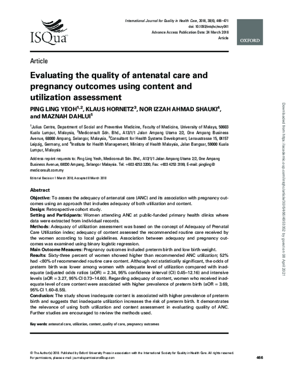 (PDF) Evaluating the quality of antenatal care and pregnancy outcomes ...