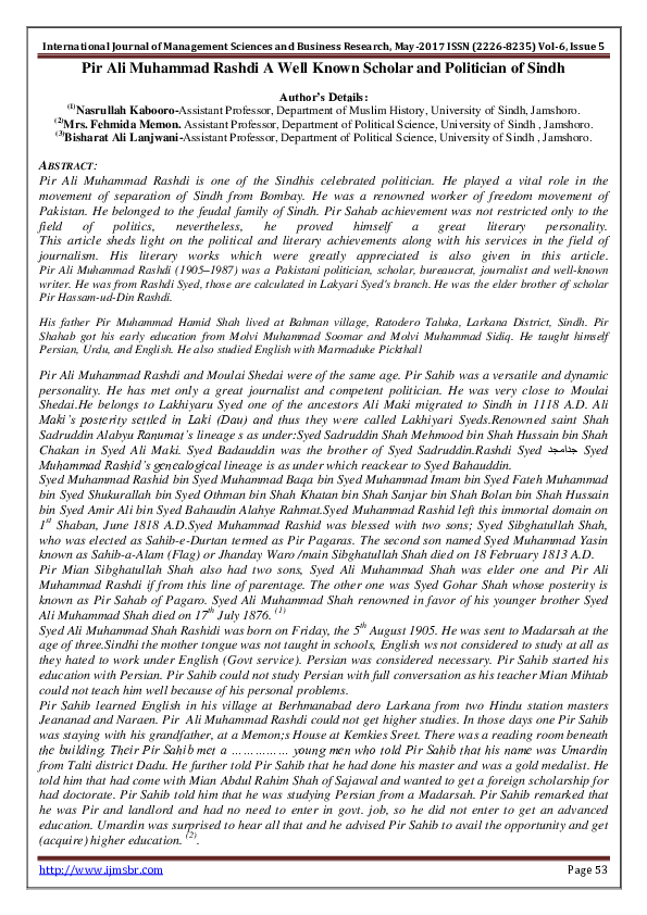 (PDF) Pir Ali Muhammad Rashdi A Well Known Scholar and Politician of Sindh