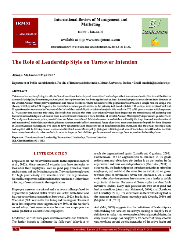 The Role of Leadership Style on Turnover Intention