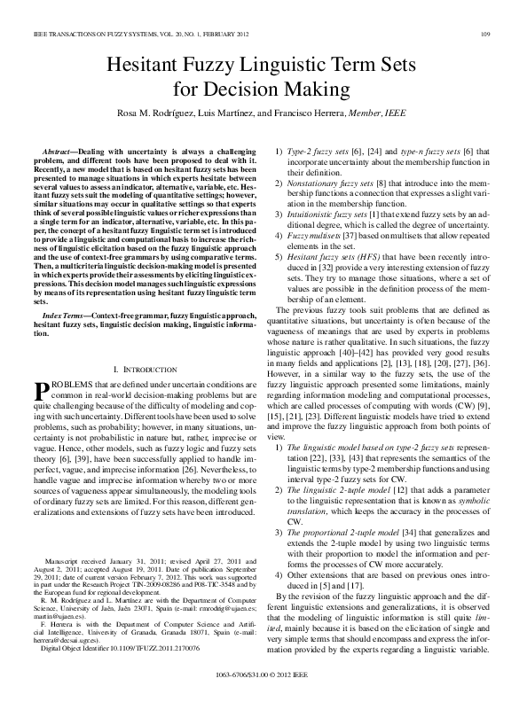 (PDF) Hesitant Fuzzy Linguistic Term Sets for Decision Making