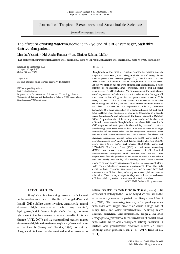 (PDF) The effect of drinking water sources due to Cyclone Aila at ...