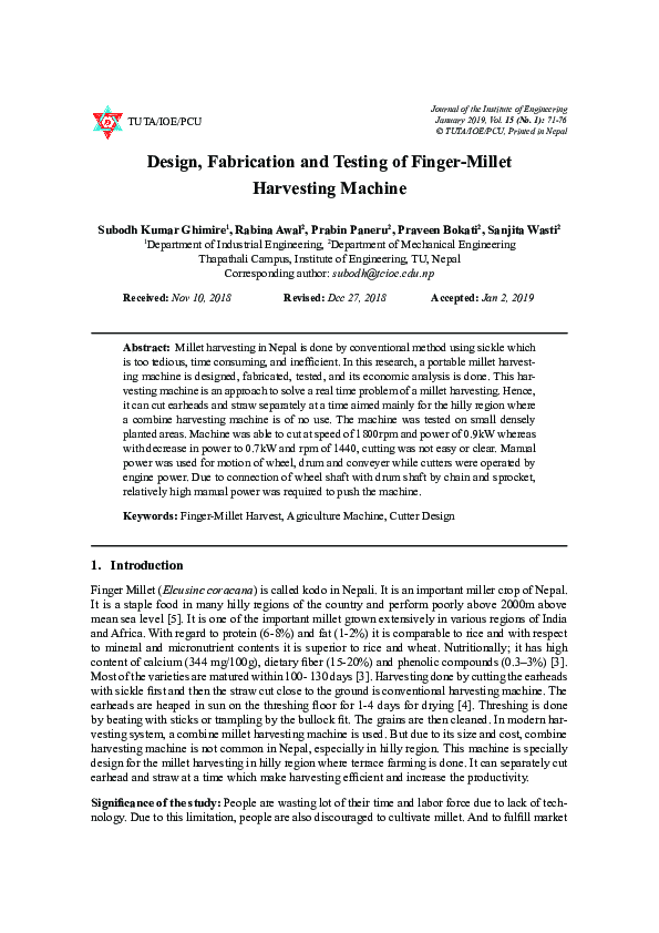 (PDF) Design, Fabrication and Testing of FingerMillet Harvesting
