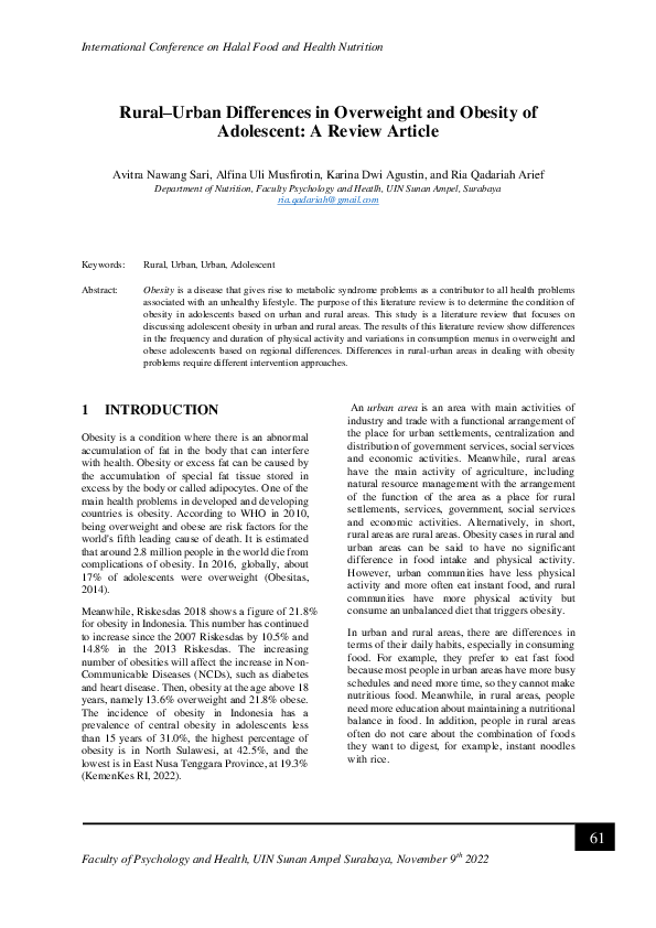 (PDF) Rural–Urban Differences in Overweight and Obesity of Adolescent ...