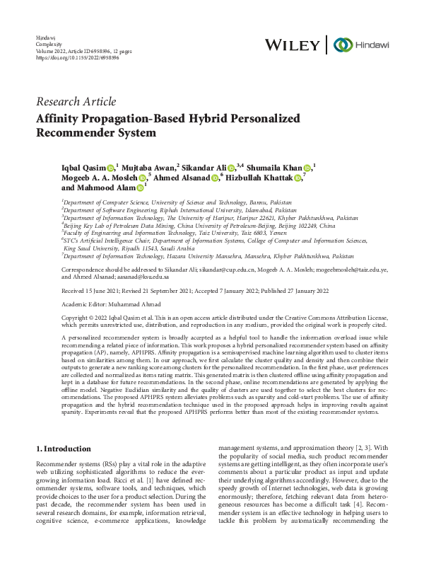 (PDF) Affinity Propagation-Based Hybrid Personalized Recommender System