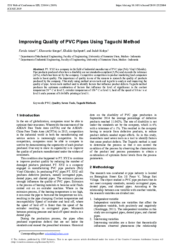 (PDF) Improving Quality of PVC Pipes Using Taguchi Method