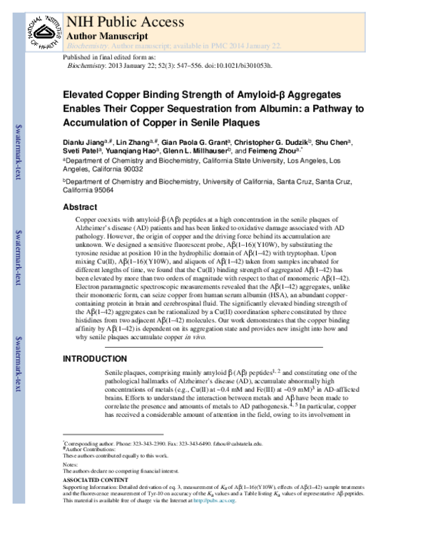 (PDF) The Elevated Copper Binding Strength of Amyloid-β Aggregates ...