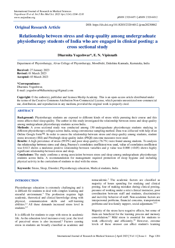 (PDF) Relationship between stress and sleep quality among undergraduate ...