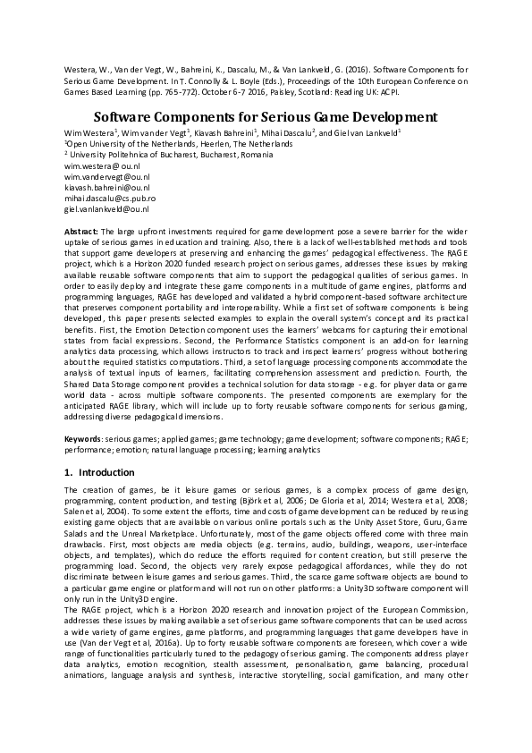 (PDF) Software Components for Serious Game Development | Kiavash ...