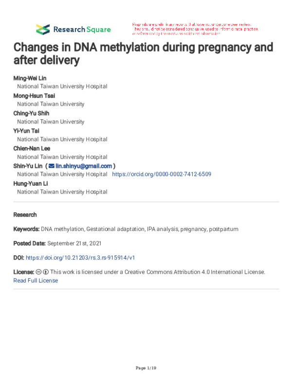 (PDF) Changes in DNA methylation during pregnancy and after delivery