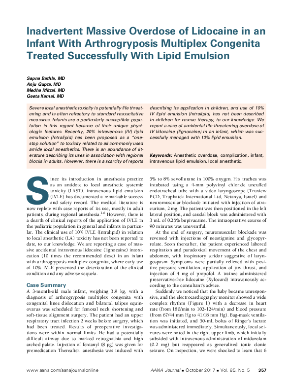 (PDF) Inadvertent Massive Overdose of Lidocaine in an Infant With Arthrogryposis Multiplex