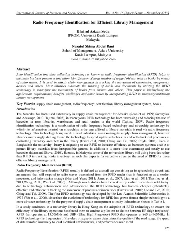 (PDF) Radio frequency identification for efficient library management