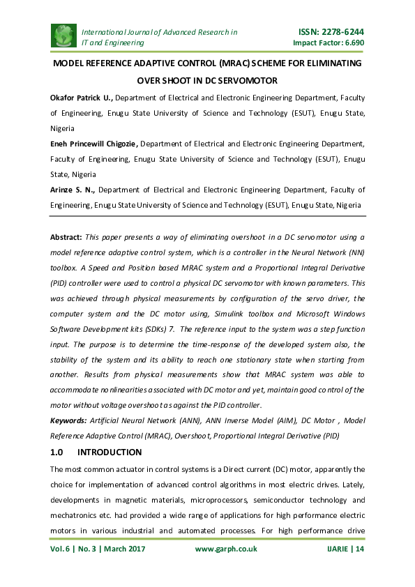 (PDF) Model Reference Adaptive Control ( Mrac ) Scheme for Eliminating ...