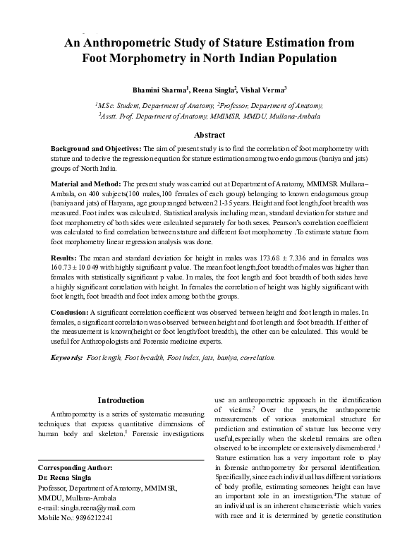 (PDF) An Anthropometric Study of Stature Estimation from Foot ...