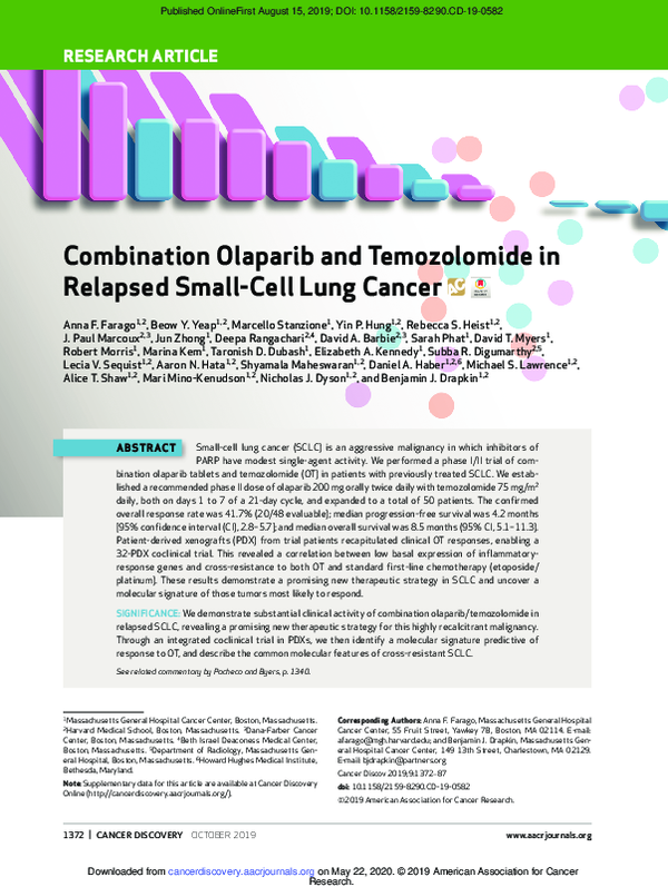 (PDF) Safety and efficacy of combination olaparib (O) and temozolomide ...
