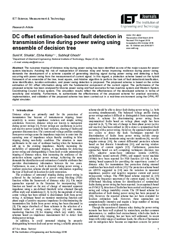 (PDF) DC offset estimation‐based fault detection in transmission line ...