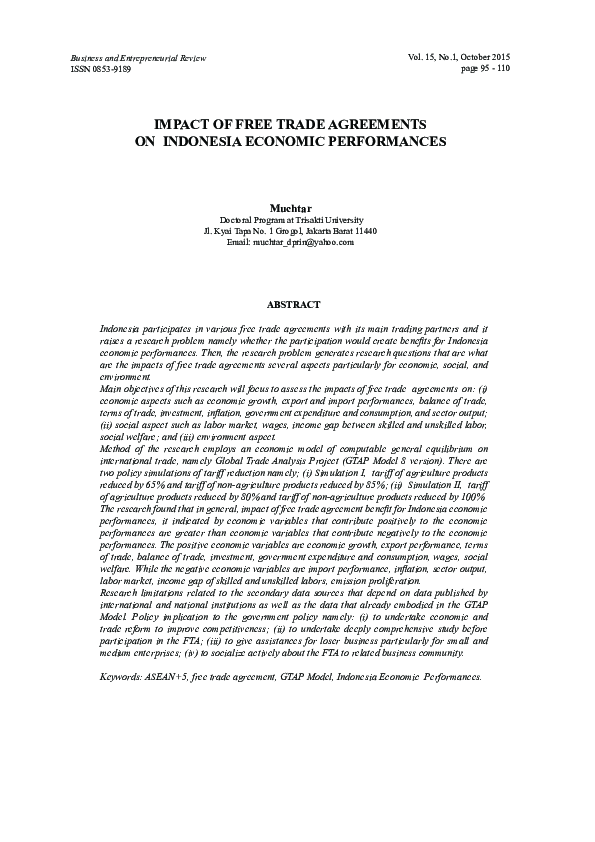 (PDF) Impact of Free Trade Agreements on Indonesia Economic Performances