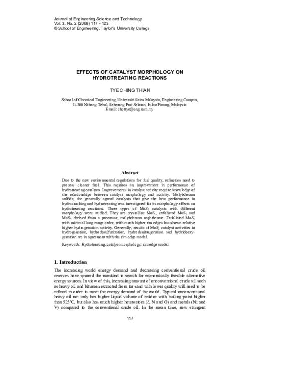 (PDF) Effects of Catalyst Morphology on Hydrotreating Reactions | Ching ...