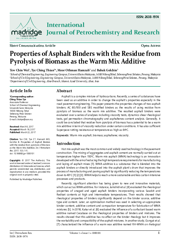 (PDF) Properties of Asphalt Binders with the Residue from Pyrolysis of ...
