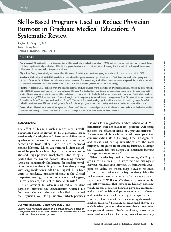 (PDF) Skills-Based Programs Used to Reduce Physician Burnout in ...