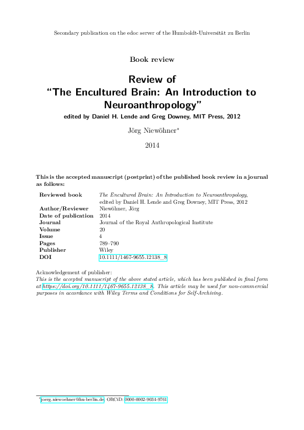 (PDF) Lende, Daniel H. & Greg Downey (eds). The encultured brain: an ...