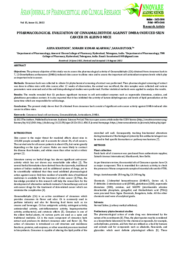 (PDF) PHARMACOLOGICAL EVALUATION OF CINNAMALDEHYDE AGAINST DMBA-INDUCED ...