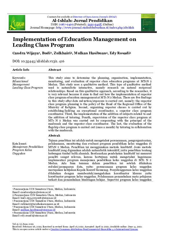 (PDF) Implementation of Education Management on Leading Class Program