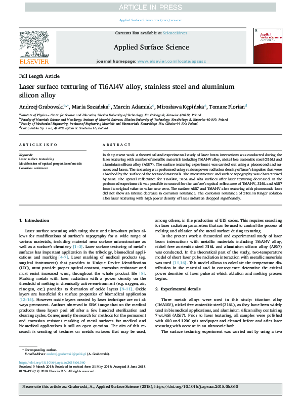 (PDF) Laser surface texturing of Ti6Al4V alloy, stainless steel and ...