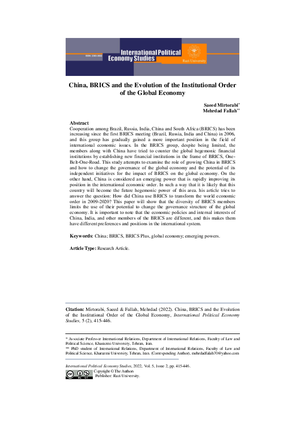 (PDF) China, BRICS and the Evolution of the Institutional Order of the ...