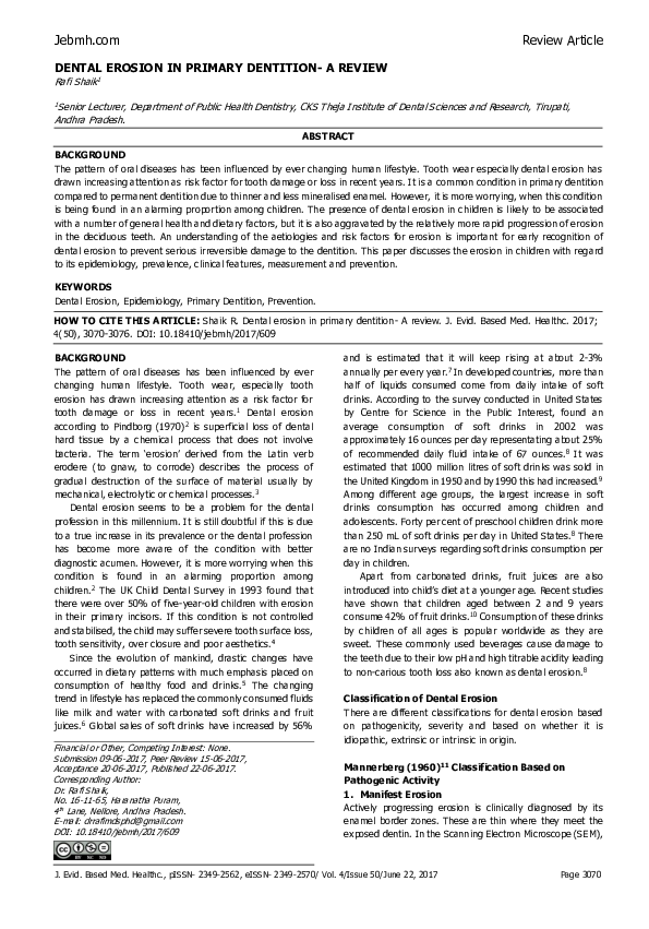 (PDF) Dental Erosion in Primary Dentition- a Review