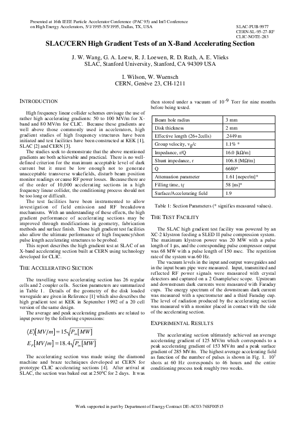 (PDF) SLAC/CERN High Gradient Tests of An X Band Accelerating Section