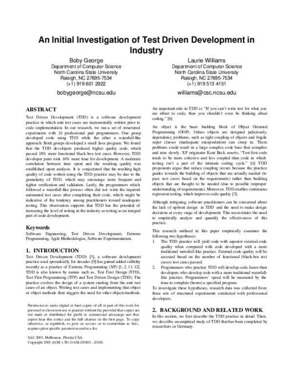 (PDF) An initial investigation of test driven development in industry