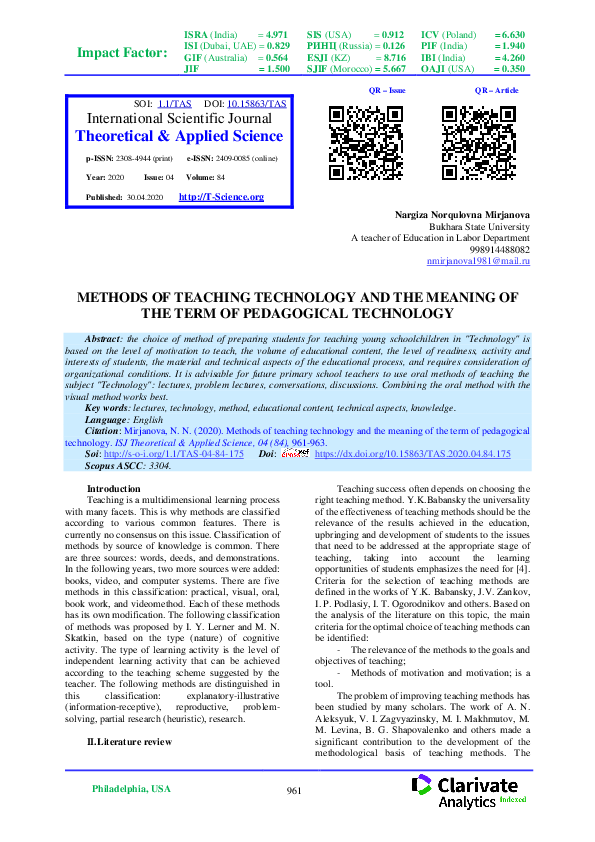(PDF) Methods of Teaching Technology and the Meaning of the Term of ...