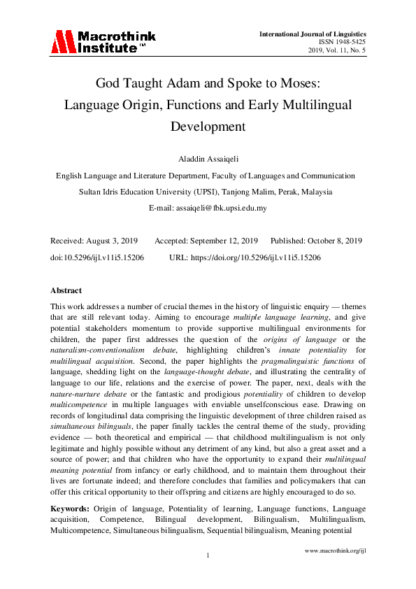 (PDF) God Taught Adam and Spoke to Moses: Language Origin, Functions ...