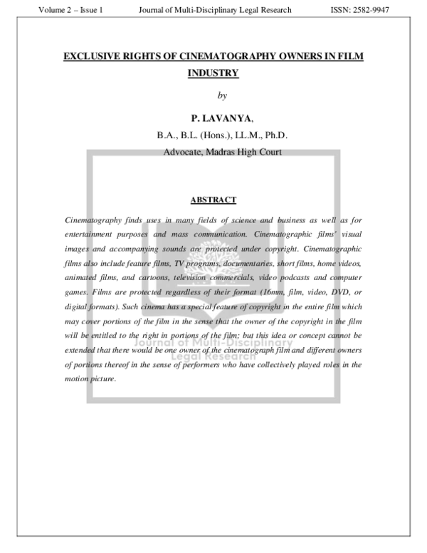 (PDF) Exclusive Rights of Cinematography Owners in Film Industry
