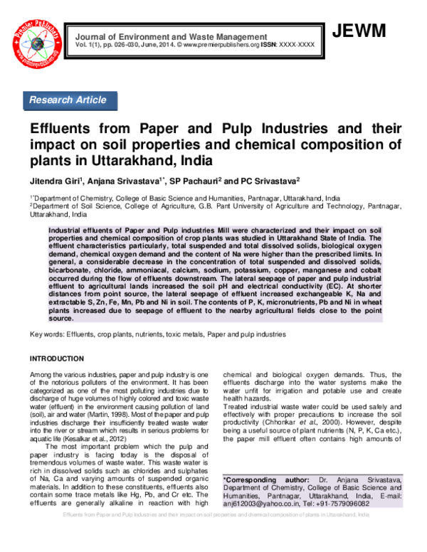 (PDF) Effluents from Paper and Pulp Industries and their impact on soil ...