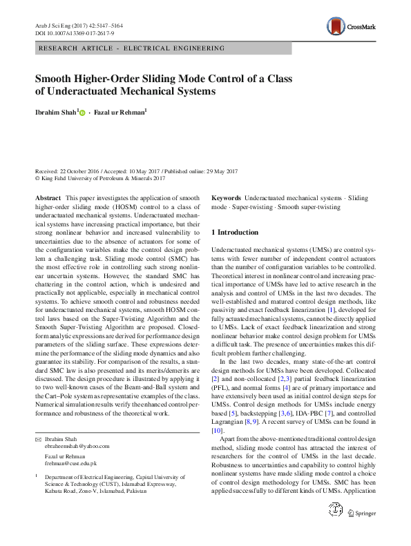 (PDF) Smooth Higher-Order Sliding Mode Control of a Class of ...