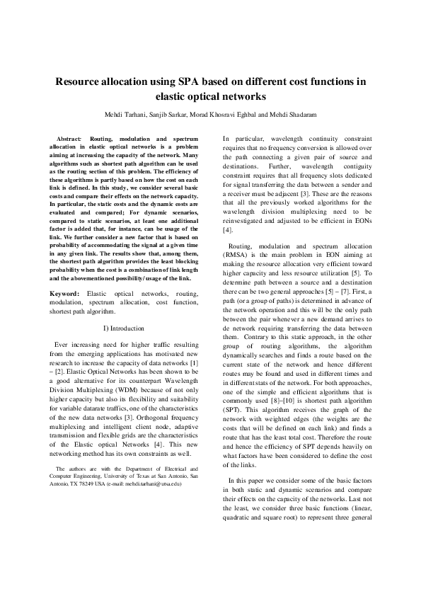Resource Allocation Using SPA Based on Different Cost Functions in Elastic Optical Networks