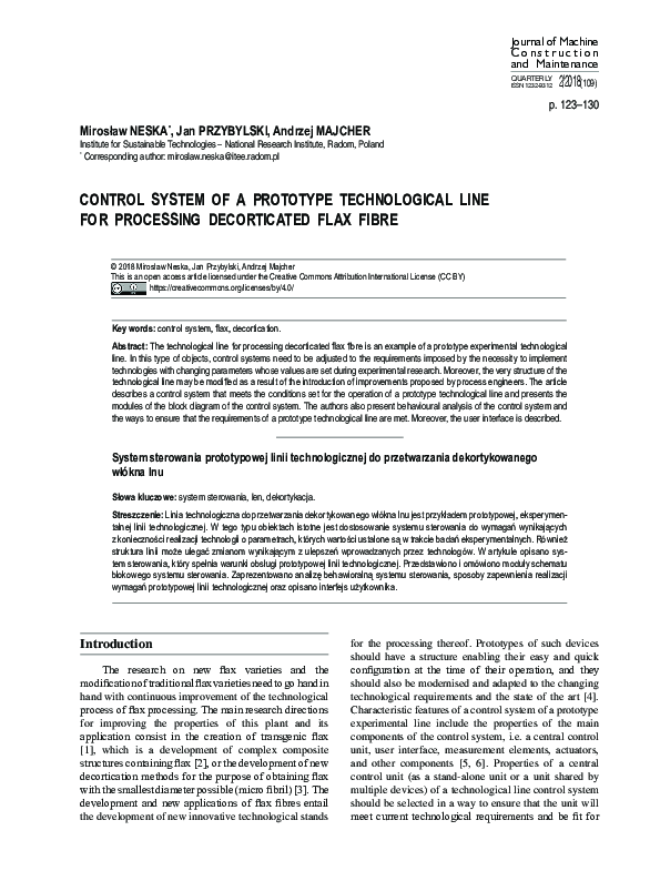 (PDF) cOntrOl system Of a PrOtOtyPe technOlOGical line fOr PrOcessinG ...