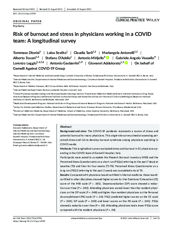 (PDF) Risk of burnout and stress in physicians working in a COVID team ...